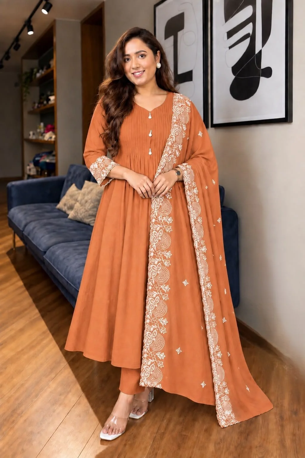 Mul Chanderi Reva Anarkali Suit Set